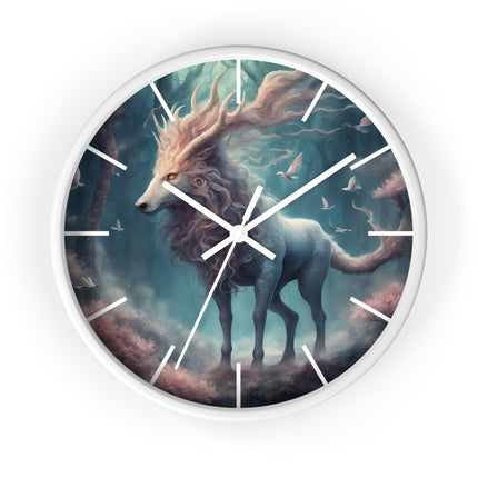 Majestic Myths Art Clock | Floral Flower Forest Horned Horse Wall Hanging | Mystical Maned Goat Fantasy Home Office Decor Gift