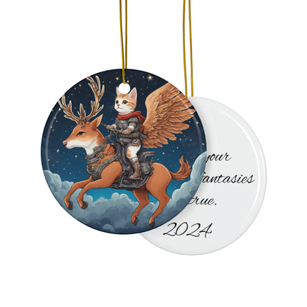 PERSONALIZED Flying Fantasy Christmas Winged Cat and Mechanical Reindeer Ornament