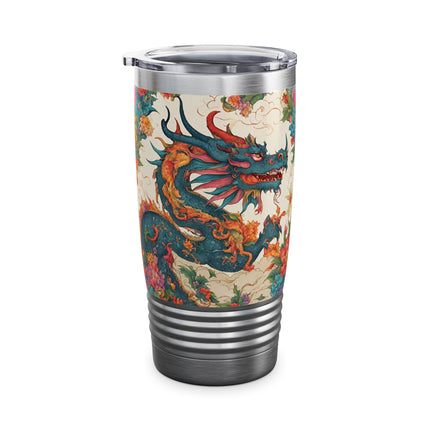 Dragon Tumbler | Japanese Flower Pattern Drink Companion | Floral Japan Insulated Travel Mug | Exercise Office College Road Trip Coffee Gift