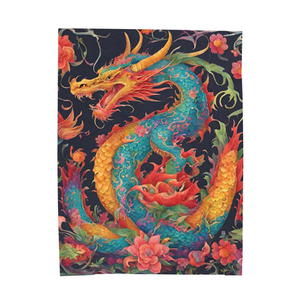FLOWERED JAPANESE DRAGON BLANKET - Floral Asian Art Plush Throw