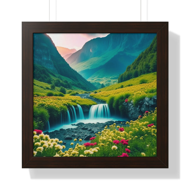 Beautiful Mountain Valley Framed Poster, Waterfall Nature Scene Picture, Flower Blossom Spring Wall Hanging, Flowing River Office Scenery
