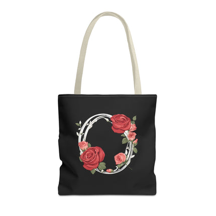 Custom Letter Personalized Tote | Rose Flowered Grocery Travel Bag | Floral Print Roses Office Laptop & Books or Exercise Overnight Carrier