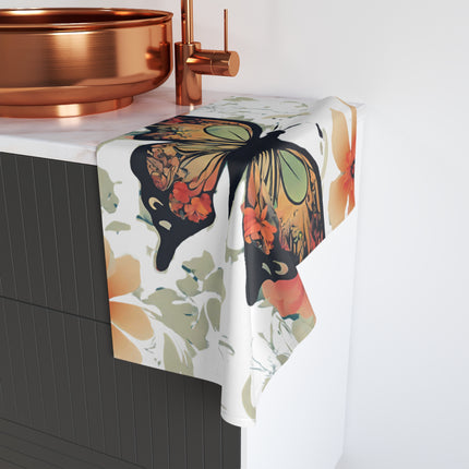 Floral Butterfly Hand Towel | Flower Pattern Flying Insect Decor | Bathroom Accent Drying Cloth | Spring & Summer Flutter Fly Polyester Gift