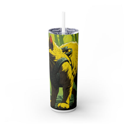 NEON YELLOW WARRIOR CAT Skinny Tumbler - Mystical Glowing Forest Kitty Cup