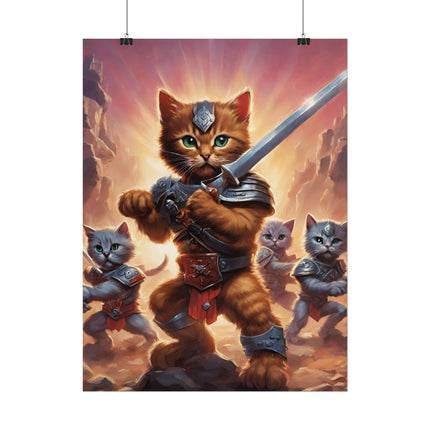CAT BATTLER Warrior Poster - 80s Universe Epic Feline Fighters Fantasy Wall Hanging Art