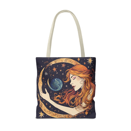 Moon Shaping Goddess Tote | Lunar Stars & Space Astronomy Grocery Bag | Woman Morphing Home Office Laptop Clothing Travel Overnight Gift