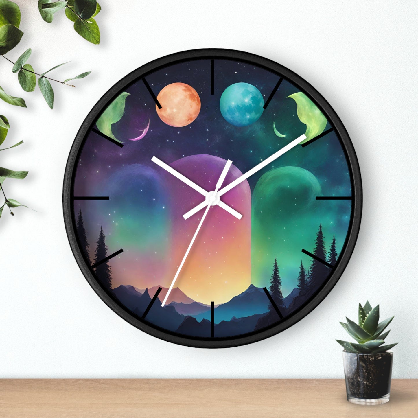Moonlight Hills Wall Clock | Night Forest Astronomy Starlight Moons Constellations Office Decor Gift, Solar System Home Hanging Unique Art