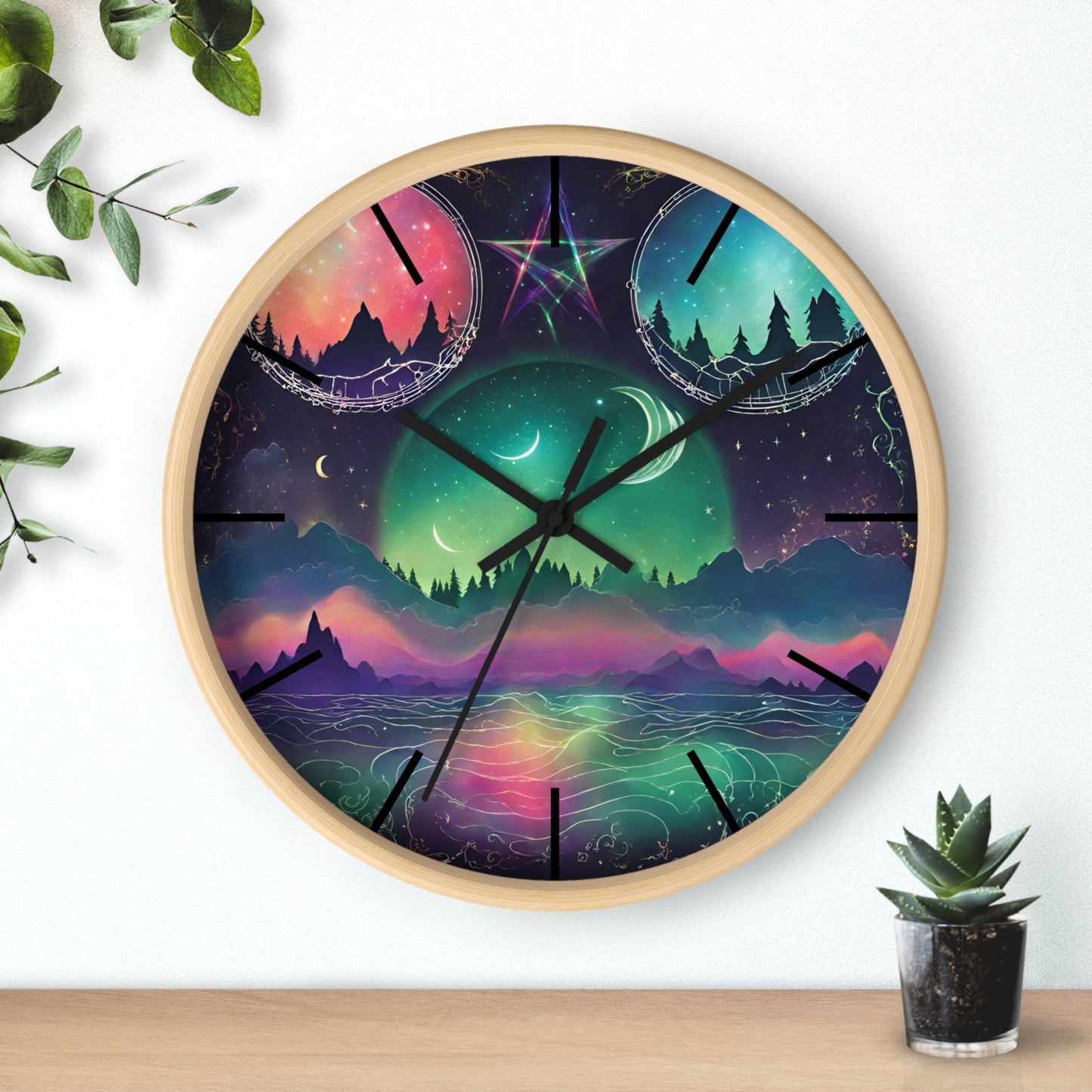 Moonlight Mountains Wall Clock | Aurora Borealis Astronomy Star Moons Constellations Office Decor Gift, Solar System Home Hanging Unique Art