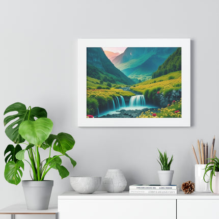 Beautiful Mountain Valley Framed Poster, Waterfall Nature Scene Picture, Flower Blossom Spring Wall Hanging, Flowing River Office Scenery