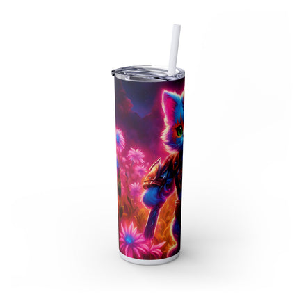 COSMIC BLUE WARRIOR CAT Skinny Tumbler - Neon Flower Field Armored Kitten Cup