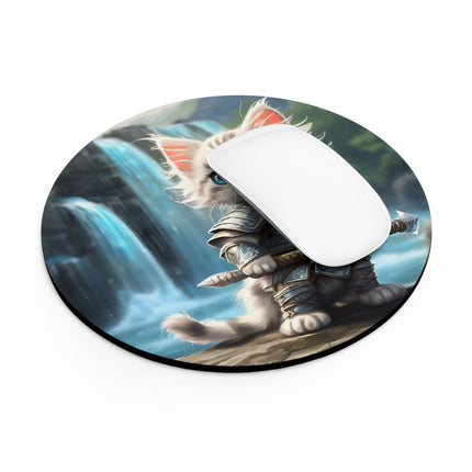 Warrior Cat Mouse Pad, Waterfall Kitten, Armored Fighter Kitty, Sword Battling Feline