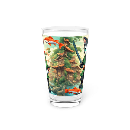 Samurai Warrior Cat Drinking Glass, Japanese Koi Fish Kitten Drink Cup, Sword Blade Ninja Village Pint Glass, 16 oz. Dinnerware