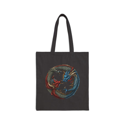 Chinese Dragon Yin Yang Canvas Tote, Red and Blue Twin Reptile Circle Bag, Grocery Shopping Cotton Carrier Traveler