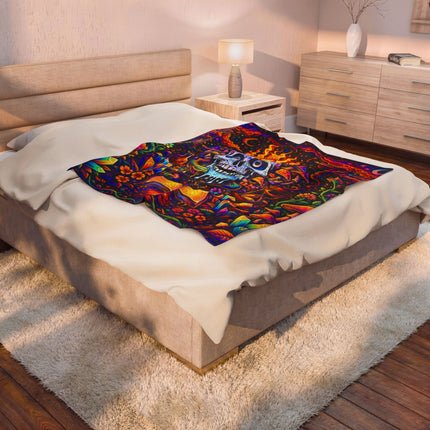PSYCHEDELIC MIND'S EYE FLAMING BLUE SKULL Trippy Mushroom Blanket
