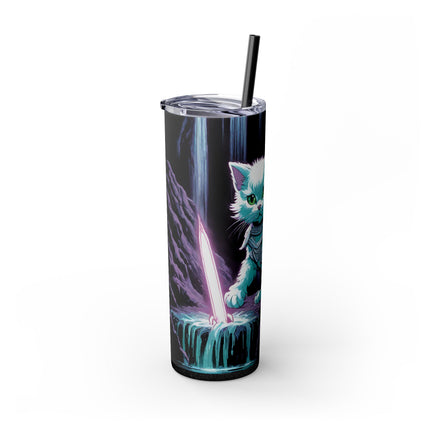 MYSTICAL WATERFALL CAVE CAT WARRIOR Tumbler - Pink Neon Sword Fantasy Kitten Cup