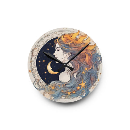 Moon Goddess Acrylic Art Clock | Lunar Stars & Space Astronomy Wall Hanging | Astrology Woman Home Office Solar System Wall Decor Gift