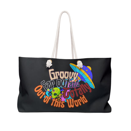 70s Retro Alien Spaceship UFO Travel Bag | Groovy Far Out Funky Weekender | Trippy Psychedelic Womens Gift | Hippie Grocery Shopping Carrier