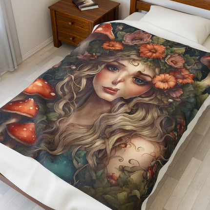 Garden Girl Fantasy Blanket, Spring & Summer Couch Plush Throw, Flower Beauty Bed Cover, Mystic Mushroom Country Home Warm Bedroom Sheet