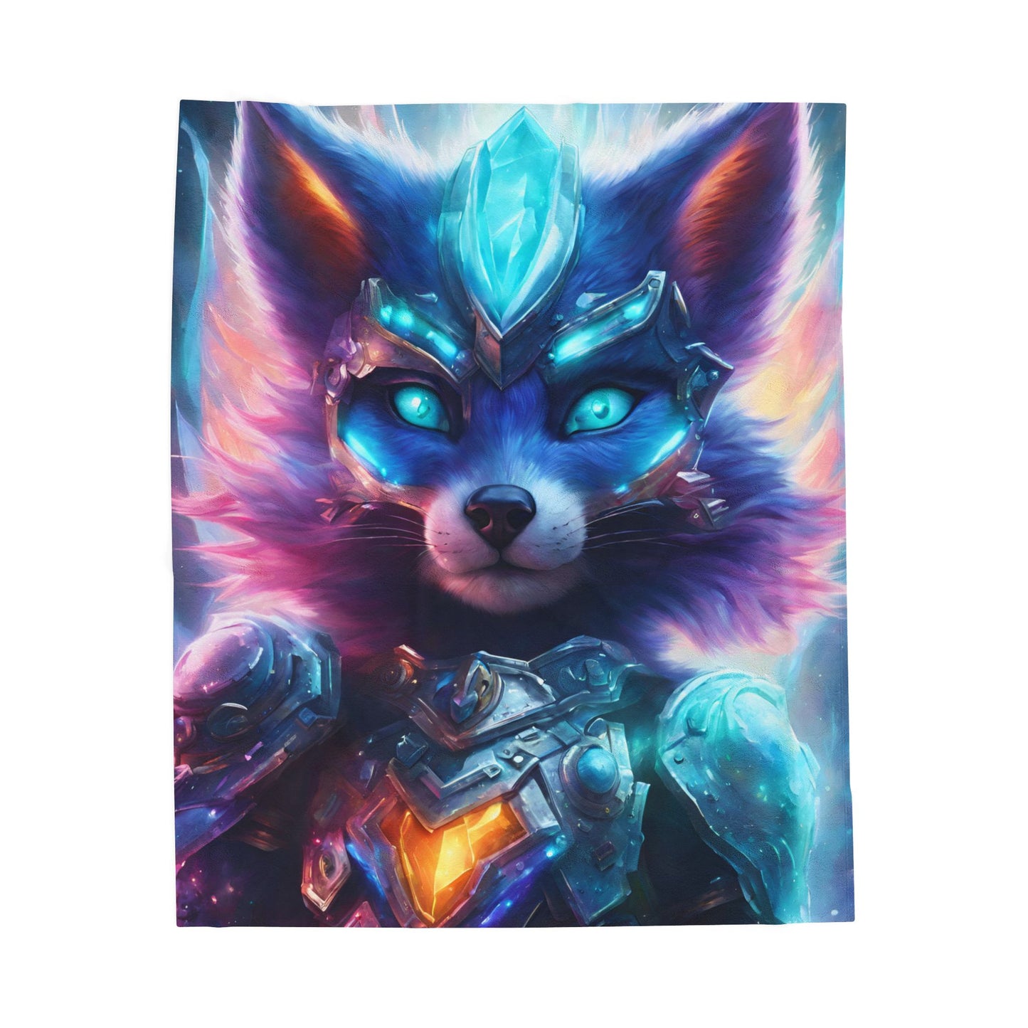 Warrior Fox Blanket, Cybernetic Armored Plush Throw Blanket, Neon Violet Crystal Guardian, Kids Adults Bed Couch Throw Cover