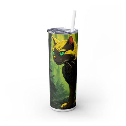 NEON YELLOW WARRIOR CAT Skinny Tumbler - Mystical Glowing Forest Kitty Cup