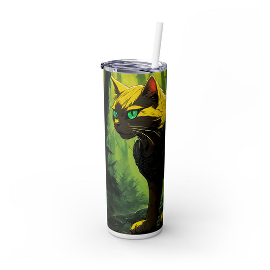 Neon Yellow Warrior Cat Skinny Tumbler, Mystical Kitty Car Traveler, Awesome Glowing Forest Drinking Cup, Exercise Workout Beverage Holder