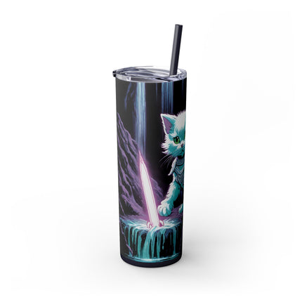 MYSTICAL WATERFALL CAVE CAT WARRIOR Tumbler - Pink Neon Sword Fantasy Kitten Cup