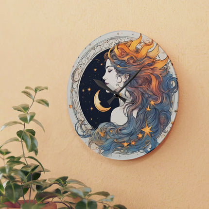 Moon Goddess Acrylic Art Clock | Lunar Stars & Space Astronomy Wall Hanging | Astrology Woman Home Office Solar System Wall Decor Gift
