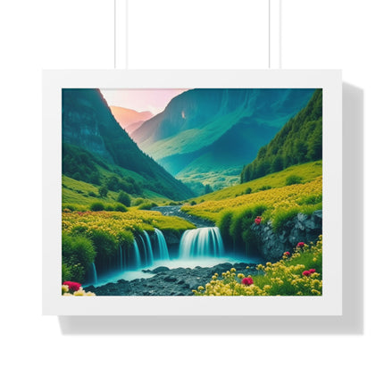 Beautiful Mountain Valley Framed Poster, Waterfall Nature Scene Picture, Flower Blossom Spring Wall Hanging, Flowing River Office Scenery