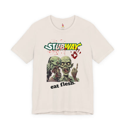 STUBWAY EAT FLESH Zombie Eating T-Shirt - Funny Subway Parody Horror Tee