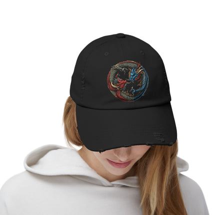 Double Dragon Yin Yang Hat, Red and Blue Dueling Serpents Ball Cap, Fighting Dragons Aura Balance Spring, Summer, Fishing Gift
