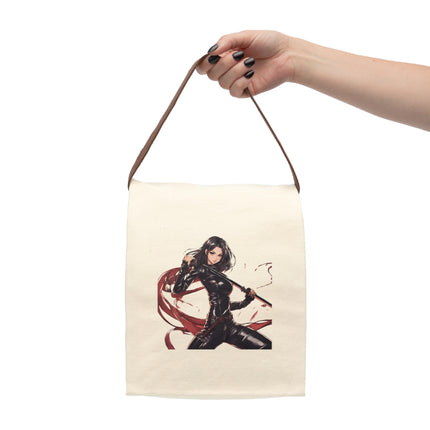 Anime Girl Canvas Lunch Bag, Beautiful Leather Clad Ninja Assassin, Double End Katana Sword Blade, Adult or Teen Work Office & School Gift