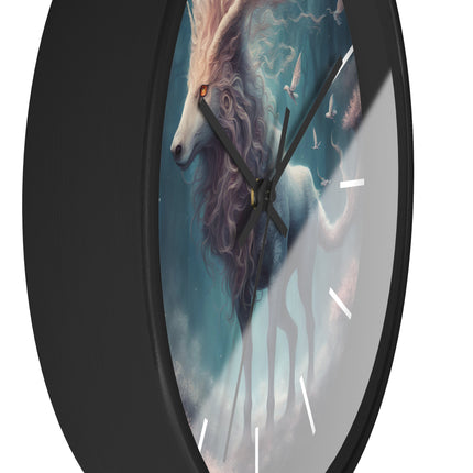 Majestic Myths Art Clock | Floral Flower Forest Horned Horse Wall Hanging | Mystical Maned Goat Fantasy Home Office Decor Gift