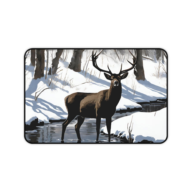 Deer Hunter Desktop Mat | Winter Creek Big Buck Art Work Space | Snowy Nature Scene Mouse Pad Mat | Hunting Lovers Home Office Gift