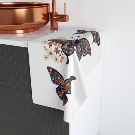 Floral Butterfly Hand Towel | Flower Pattern Flying Insect Decor | Bathroom Accent Drying Cloth | Flutter Fly Polyester Gift