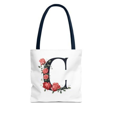 Custom Letter Personalized Tote | Rose Flowered Grocery Travel Bag | Floral Print Roses Office Laptop & Books or Exercise Overnight Carrier