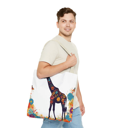 Giraffe Lovers Tote | Floral Safari Animal Grocery Bag | African Savanna Office Travel Carrier | Flower Collage Forest Cotton Traveler