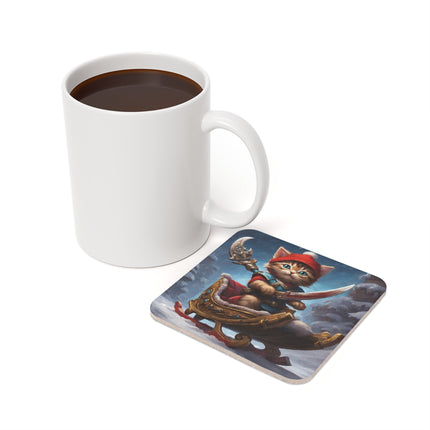 Christmas Drink Coaster Kitten Drink Holder Santa Warrior Kitten Snow Sled Cat Lover Cork Coaster