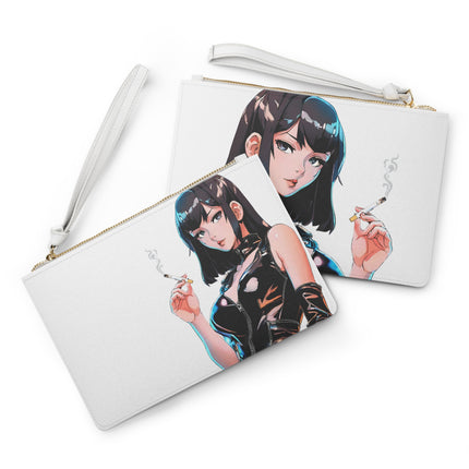 Personalized Clutch Bag, Cigarette Smoking Anime Girl Makeup Case, Sexy Leather Outfit Japanese Style Art Wallet Purse, Cartoon Lover Gift