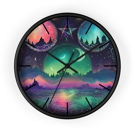Moonlight Mountains Wall Clock | Aurora Borealis Astronomy Star Moons Constellations Office Decor Gift, Solar System Home Hanging Unique Art
