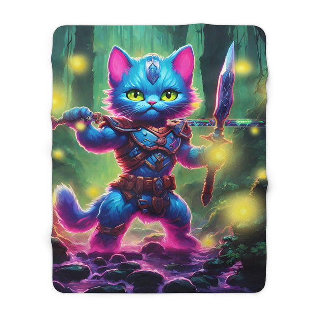 Warrior Cat Blanket, Cat Lovers Gift, Glowing Firefly, Neon Kitten, Plush Sherpa, Night Forest, Fleece, Armored Sword, Kitty Bed Cover Throw