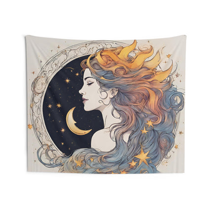 Moon Goddess Wall Decor | Lunar Stars, Space Astronomy Tapestry Gift | Astrology Woman Night Sky Flowing Hair Bed & Sun Room Wall Hanging
