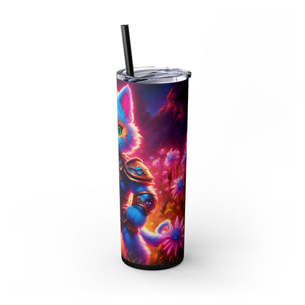 COSMIC BLUE WARRIOR CAT Skinny Tumbler - Neon Flower Field Armored Kitten Cup