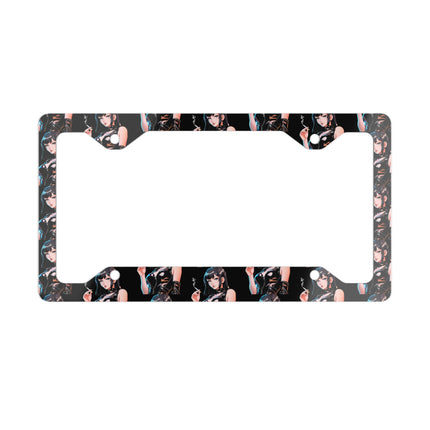 Cigarette Smoking Anime Girl License Plate Frame, Black Leather Outfit Sexy Car Accessory, Japanese Cartoon Secret Agent Style Auto Decor