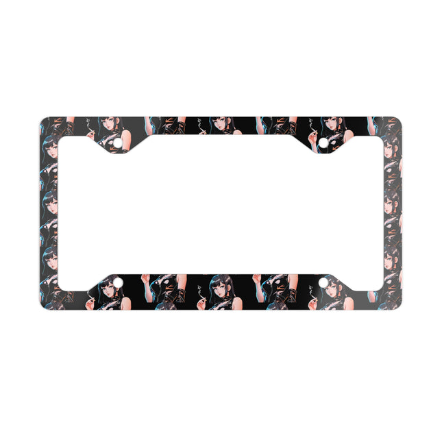 Cigarette Smoking Anime Girl License Plate Frame, Black Leather Outfit Sexy Car Accessory, Japanese Cartoon Secret Agent Style Auto Decor
