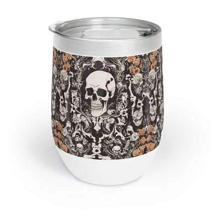 Skull and Flowers Wine Tumbler, Bone Flower Garden Pattern Wine Cooler, Flowered Design Skeleton Insulated Cup