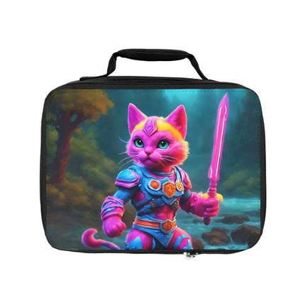 Neon Pink Warrior Cat Lunch Bag Box, Girls Forest River Scene Feline School Tote, Armored Cosmic Glowing Sword Furry Kitten Insulated Bag