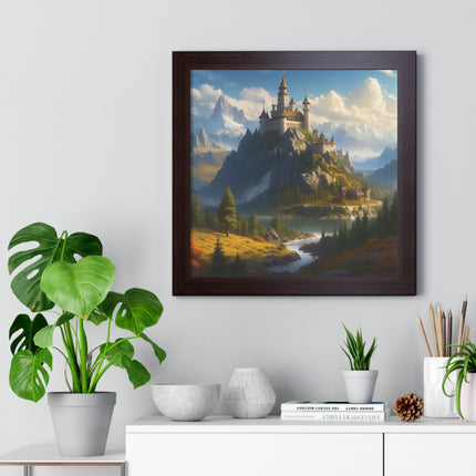 Video Game Fantasy Castle, RPG Valley Framed Poster, Mountain Nature Scene Picture, Open World Style Wall Hanging, Gamer Office Scenery