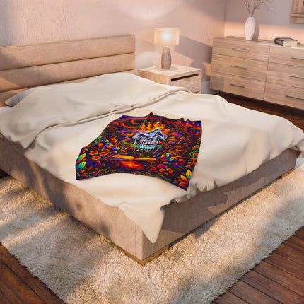 PSYCHEDELIC MIND'S EYE FLAMING BLUE SKULL Trippy Mushroom Blanket