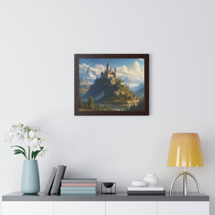 Video Game Fantasy Castle, RPG Valley Framed Poster, Mountain Nature Scene Picture, Open World Style Wall Hanging, Gamer Office Scenery