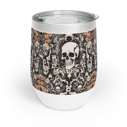 Skull and Flowers Wine Tumbler, Bone Flower Garden Pattern Wine Cooler, Flowered Design Skeleton Insulated Cup